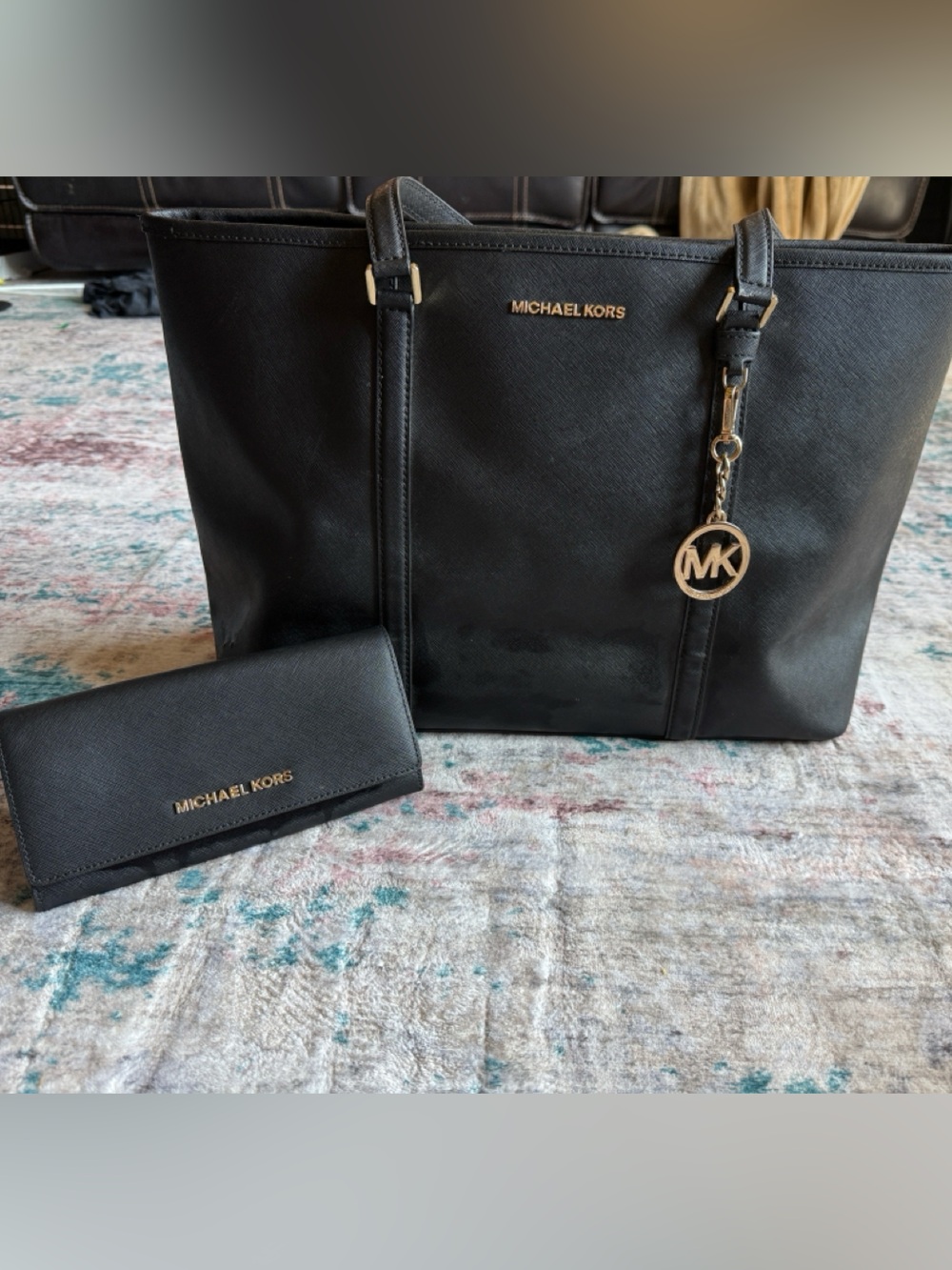 Michael Kors Black Saffiano Tote with Gold MK Charm and Matching Wallet
